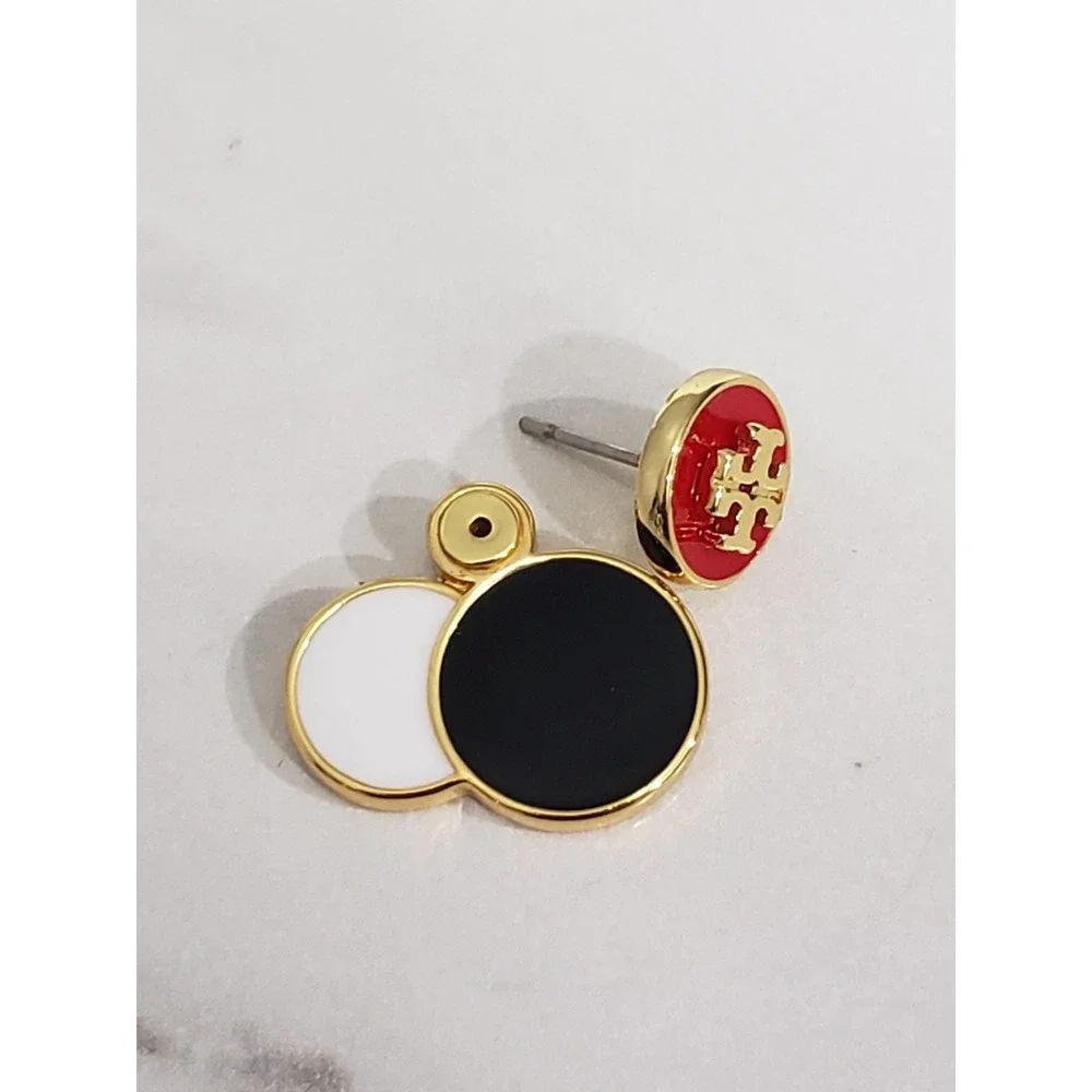 Tory Burch Gold Plated BLACK WHITE RED Enamel CLUSTER EARRINGS STUDS